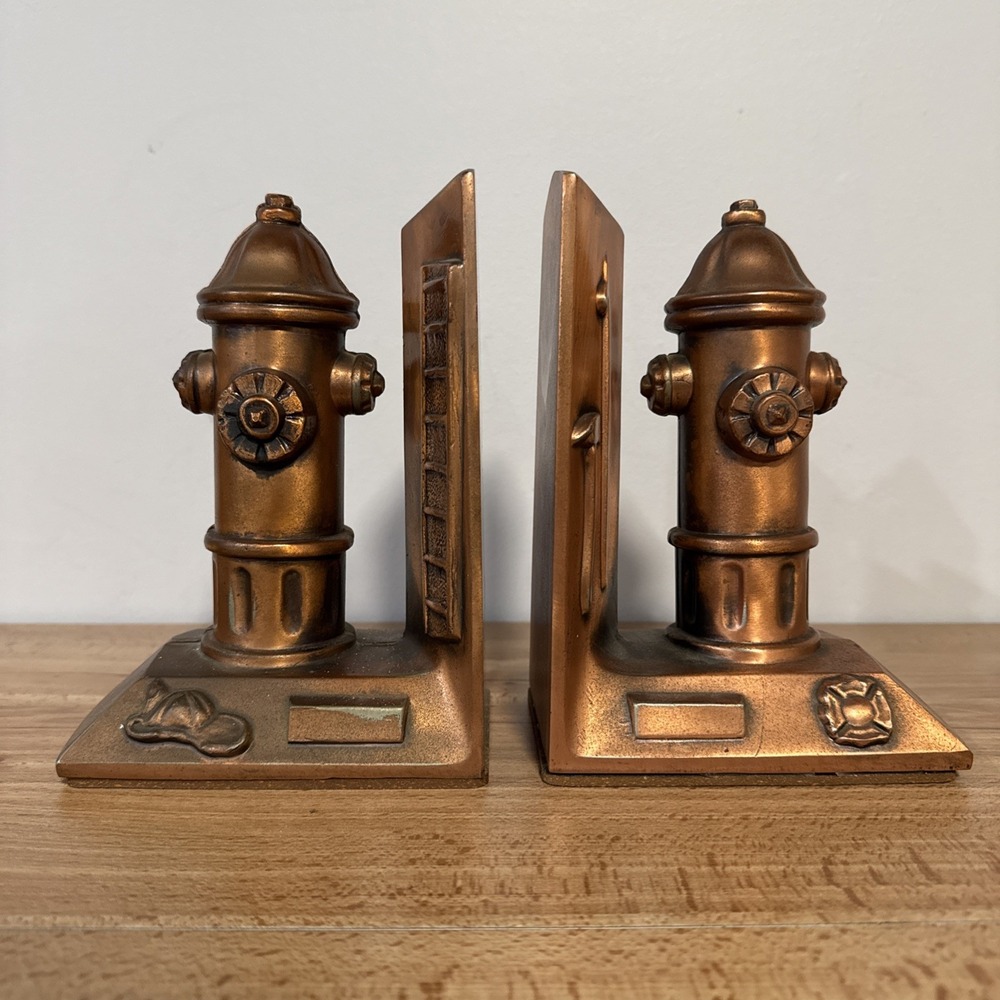 Vintage Pair Fire Hydrant Fireman Metal Bookends Copper Finish 7.5 inch Tall